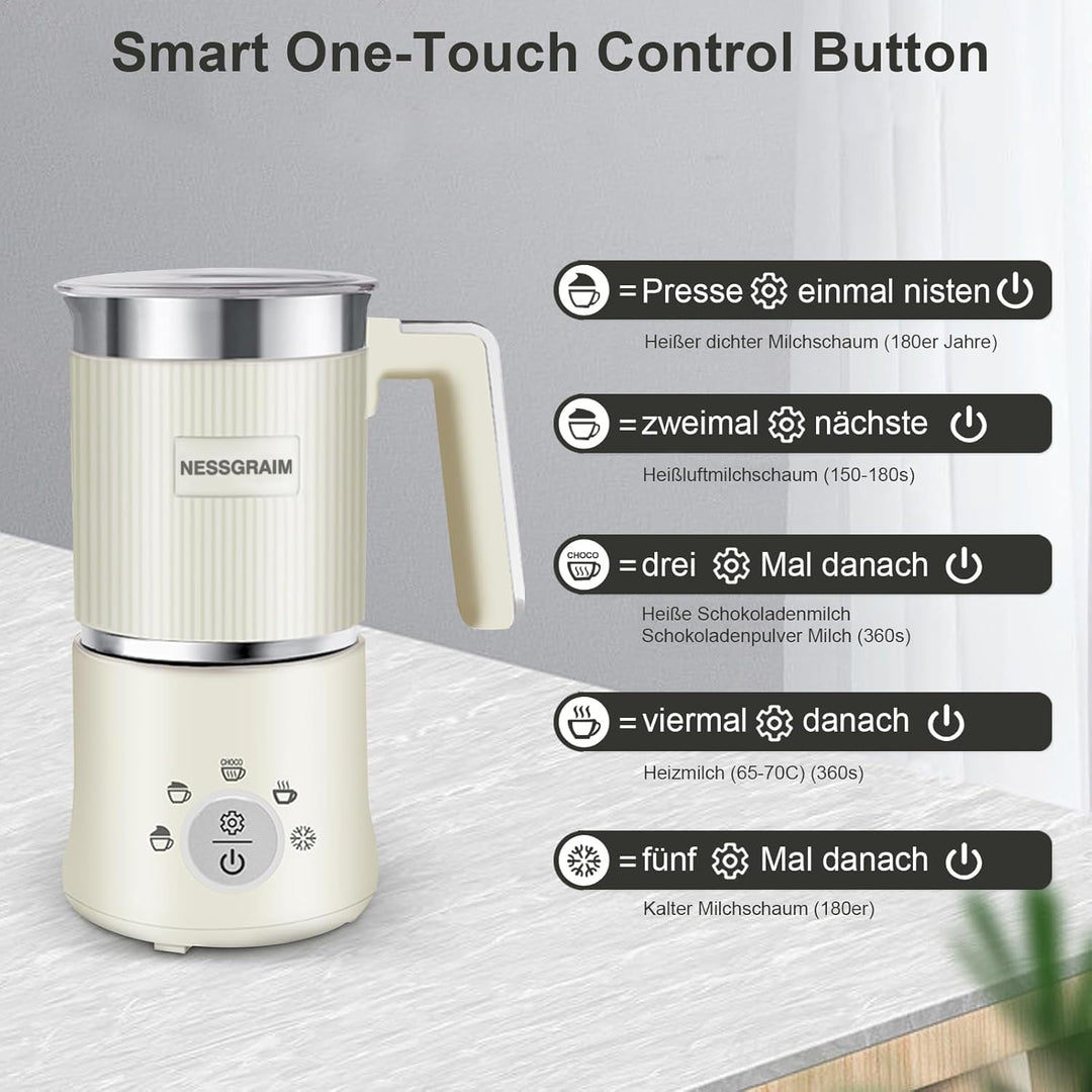 Milchaufschäumer Elektrisch 5-in-1, Milchschäumer Spülmaschinenfest mit Kakao Funktion für heisser S