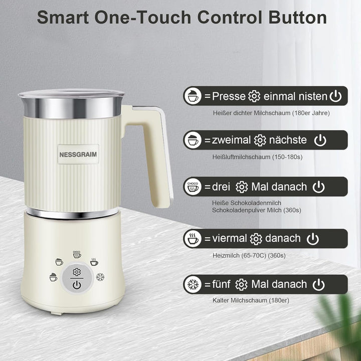 Milchaufschäumer Elektrisch 5-in-1, Milchschäumer Spülmaschinenfest mit Kakao Funktion für heisser S