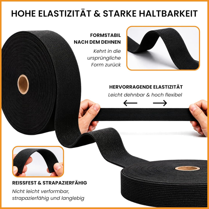 MITSY Reissfeste Gummiband Gummibänder zum Nähen Breit 20 mm 25 m Schwarz Stark Gummilitze für Hosen