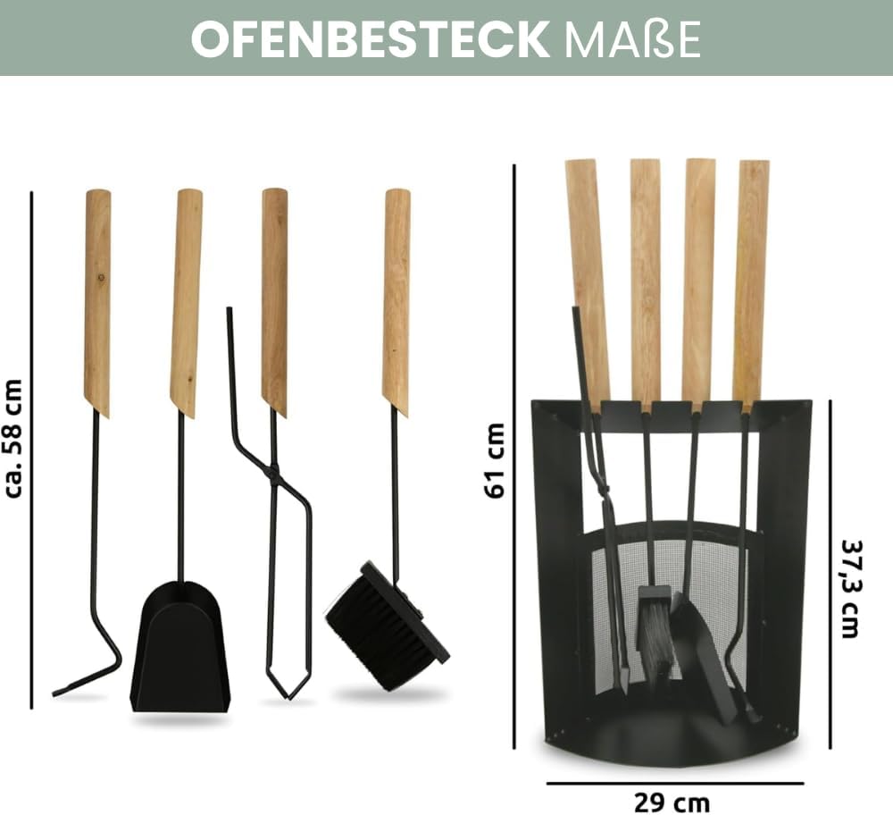 Kaminbesteck modern THEO | 6-teilig mit Holzgriff | Schürhaken Besen Ascheschaufel | Kamingarnitur S