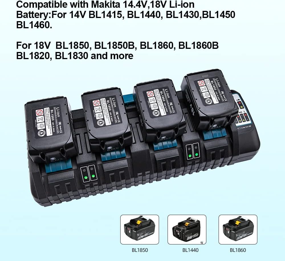 Hipoke DC18SF 4-Port Lithium-Ladegerät Kompatibel mit Makita 14,4V 18V 20V Akku BL1430 BL1450 BL1440