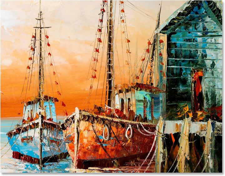 wandmotiv24 Leinwandbild Malerei, 80x60cm, Querformat, Boote, Meer, Deko, Bilder auf Leinwand, Wandd