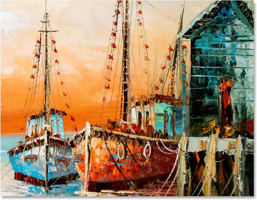 wandmotiv24 Leinwandbild Malerei, 100x75cm, Querformat, Boote, Meer, Deko, Bilder auf Leinwand, Wand