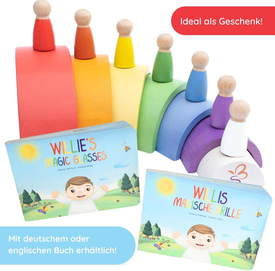 Montessori Holz-Regenbogen aus Buchenholz mit Figuren & Buch – pädagogisch wertvolles Lernspielzeug