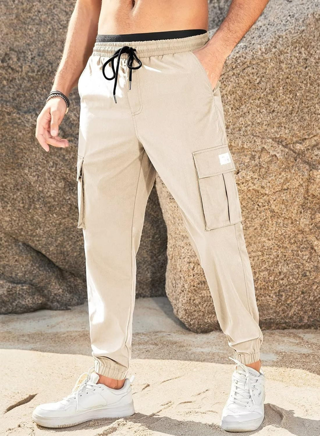 Jogginghose Herren Cargohose Einfarbige Hose Männer Causal Sporthose Elastische Freizeithose mit 6 T
