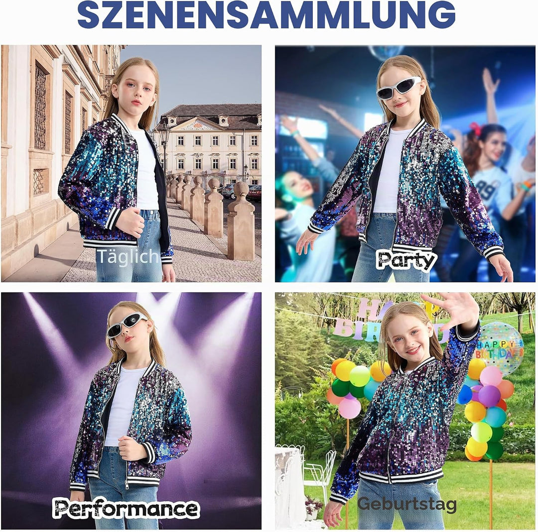 LOLANTA Mädchen Pailletten Bomberjacke mit Taschen Reissverschluss Langarm Glitzer Baseball Jacken f