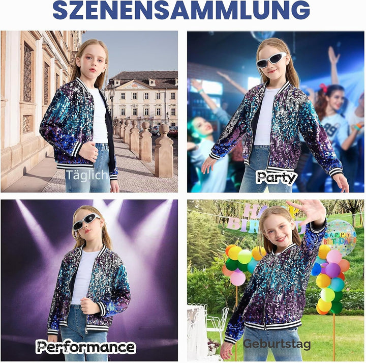LOLANTA Mädchen Pailletten Bomberjacke mit Taschen Reissverschluss Langarm Glitzer Baseball Jacken f