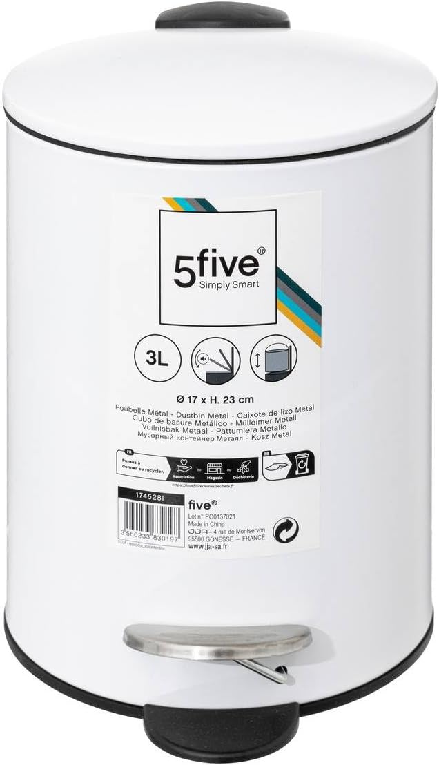 5five – Colorama Treteimer, weiss, 3 l – Metall, Soft-Close-Mechanismus, herausnehmbarer Eimer – für