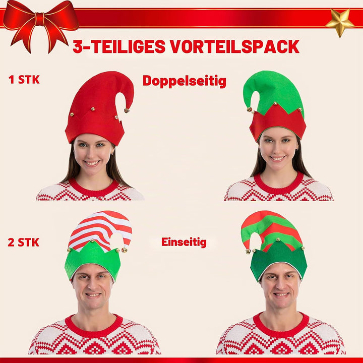 Spooktacular Creations 3er Pack Weihnachtselfen Filz bunter Hut Weihnachtsfeiertags-Party-Hüte mit E