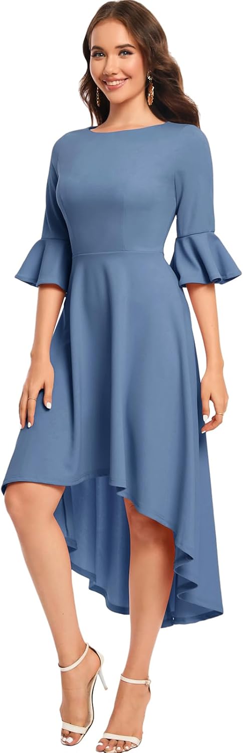 Gardenwed Festliches Kleid Damen 3/4 arm Flare Bell Sleeve Rundhals Kleider High-Low Cocktailkleider