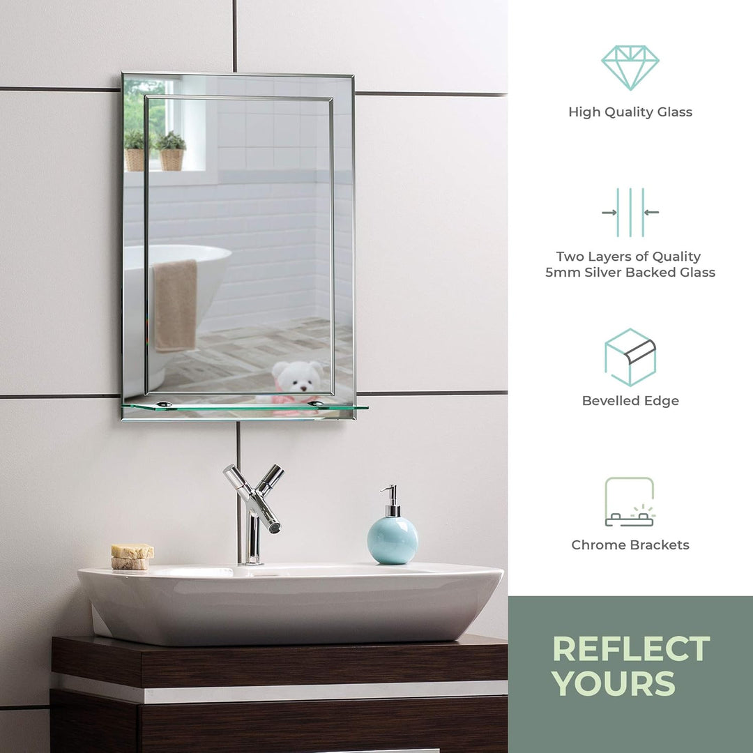 Schöner rechteckiger Badezimmerspiegel mit Ablage, modern und stylish, 2 Lagen Glass, mit abgerundet