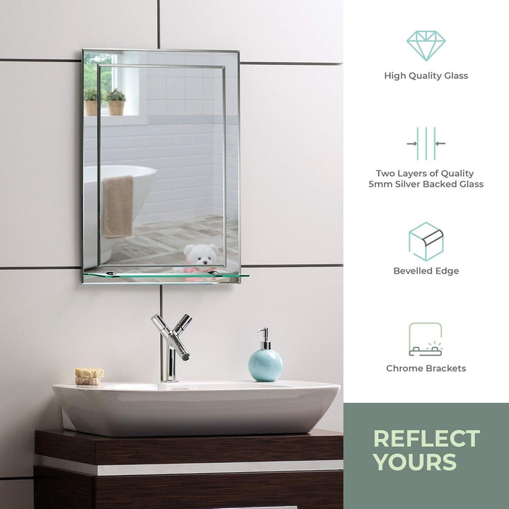 Schöner rechteckiger Badezimmerspiegel mit Ablage, modern und stylish, 2 Lagen Glass, mit abgerundet