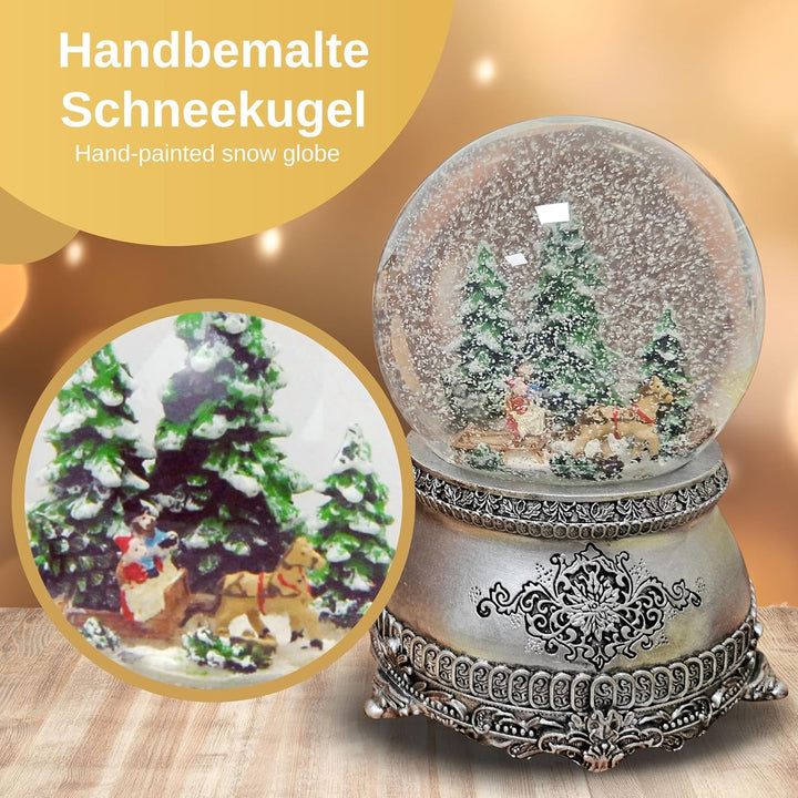 Schneekugel Spieluhr Weihnachten | Kutsche über Brücke | Sockel Zinnoptik Ornamente | mit Musik | Sc