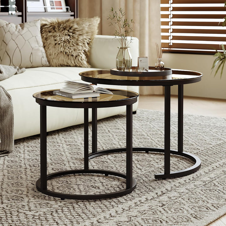 Hawthyhome 2 Stücke Beistelltisch Set rund, Moderne Kaffeetische, Couchtisch aus Glas mit Metallrahm