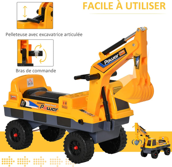 Homcom Kinder Tritor Lauflernhilfe Traktor 2 – 3 Jahre Bagger mit Gelenk, mit Zange inkl. Soundeffek
