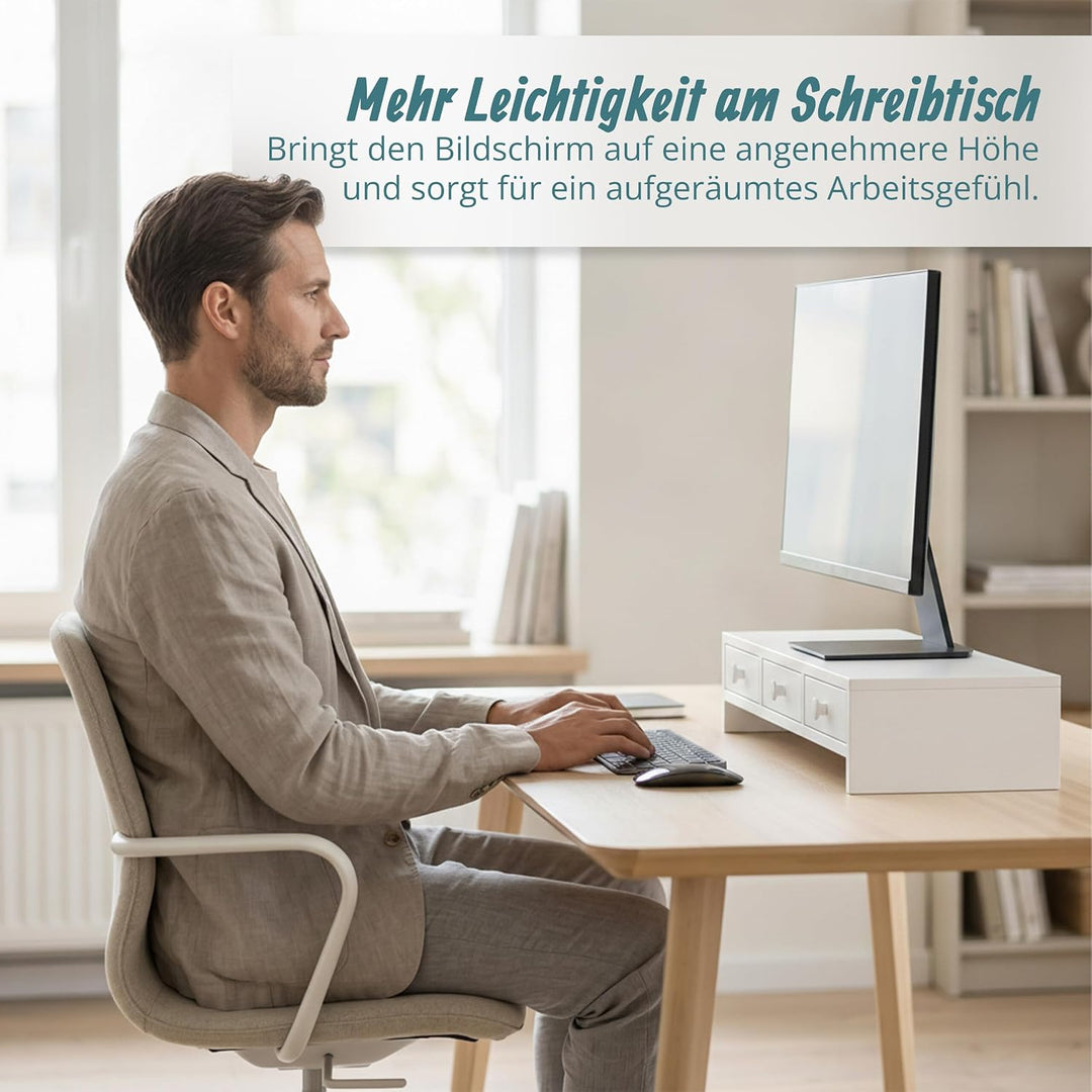 Relaxdays Monitorständer, 3 Schubladen, HxBxT: 12,5 x 51 x 24 cm, MDF, Monitorerhöhung Schreibtisch,