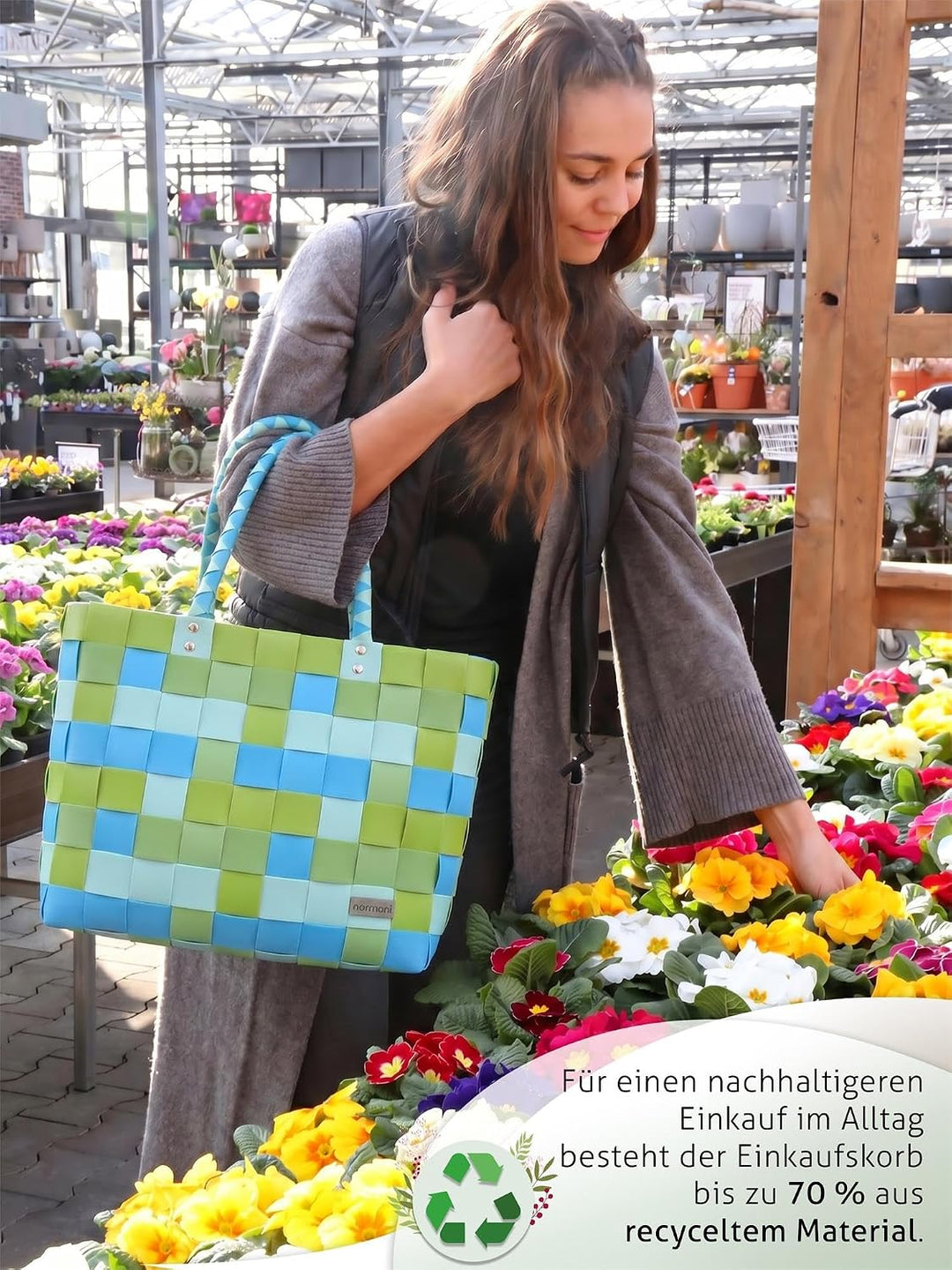 normani Einkaufstasche geflochten mit Henkeln - Tragetasche extra robust Farbe Classic/Spring Classi