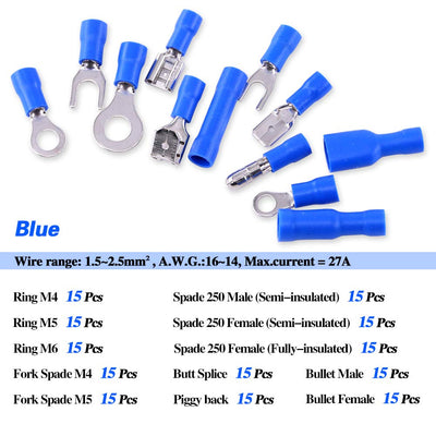 Glarks 540pcs 22-16/16-14/12-10 Gauge Mixed Quick Disconnect Electrical Insulated Butt Bullet Spade