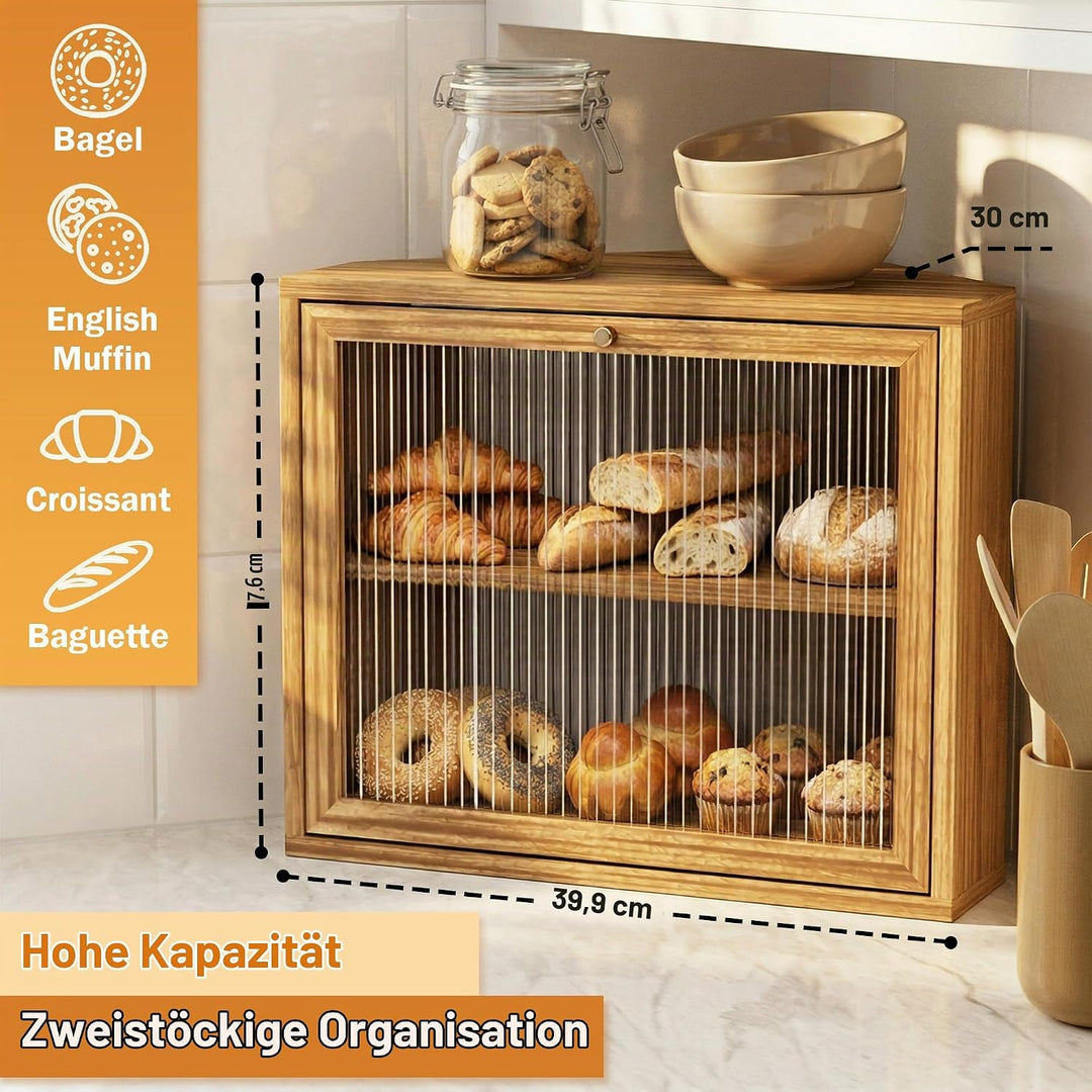 Brotkasten, 2 Etagen Holz Brotaufbewahrung, Gross Brot-Aufbewahrungsbox, Luftdichte Brotbox, Brothal