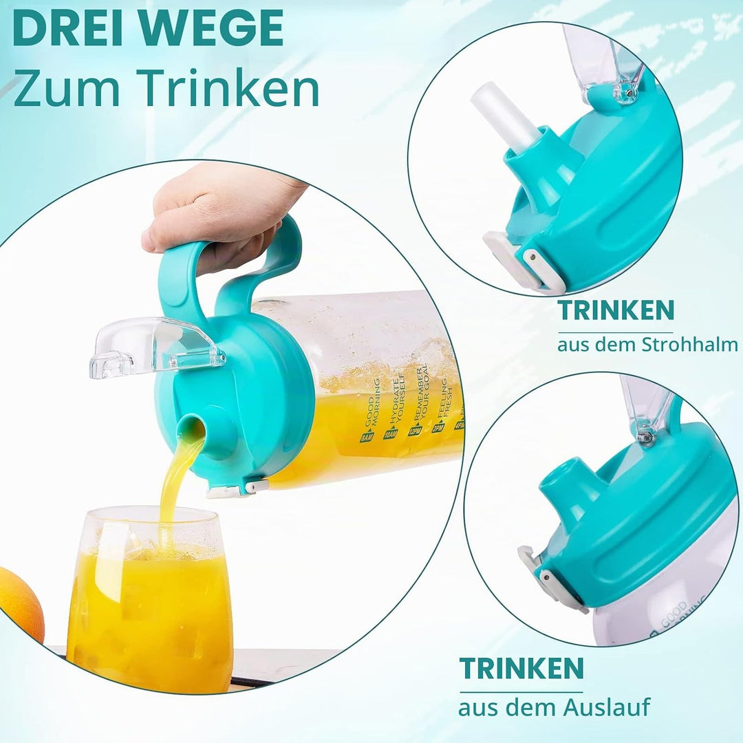 DEARRAY 2l Trinkflasche Glas mit Strohhalm &amp; Zeitmarkierung 2 liter Grosse Motivation Glasflasche mi