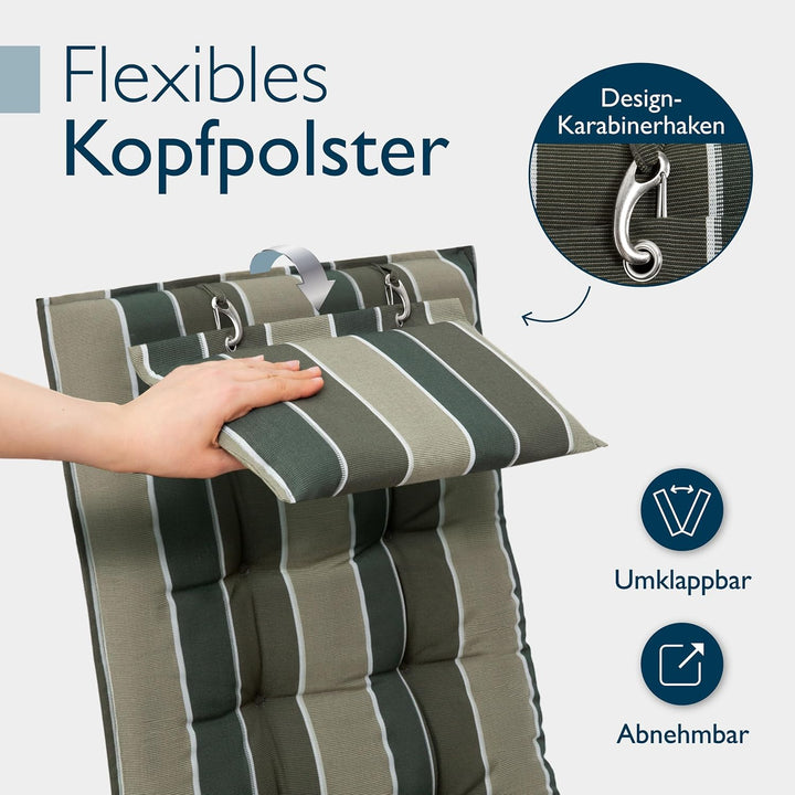 Beautissu 8er Set Premium Hochlehner Auflage mit Kopfpolster Stoff | 120x50cm 8cm dick Grün gestreif