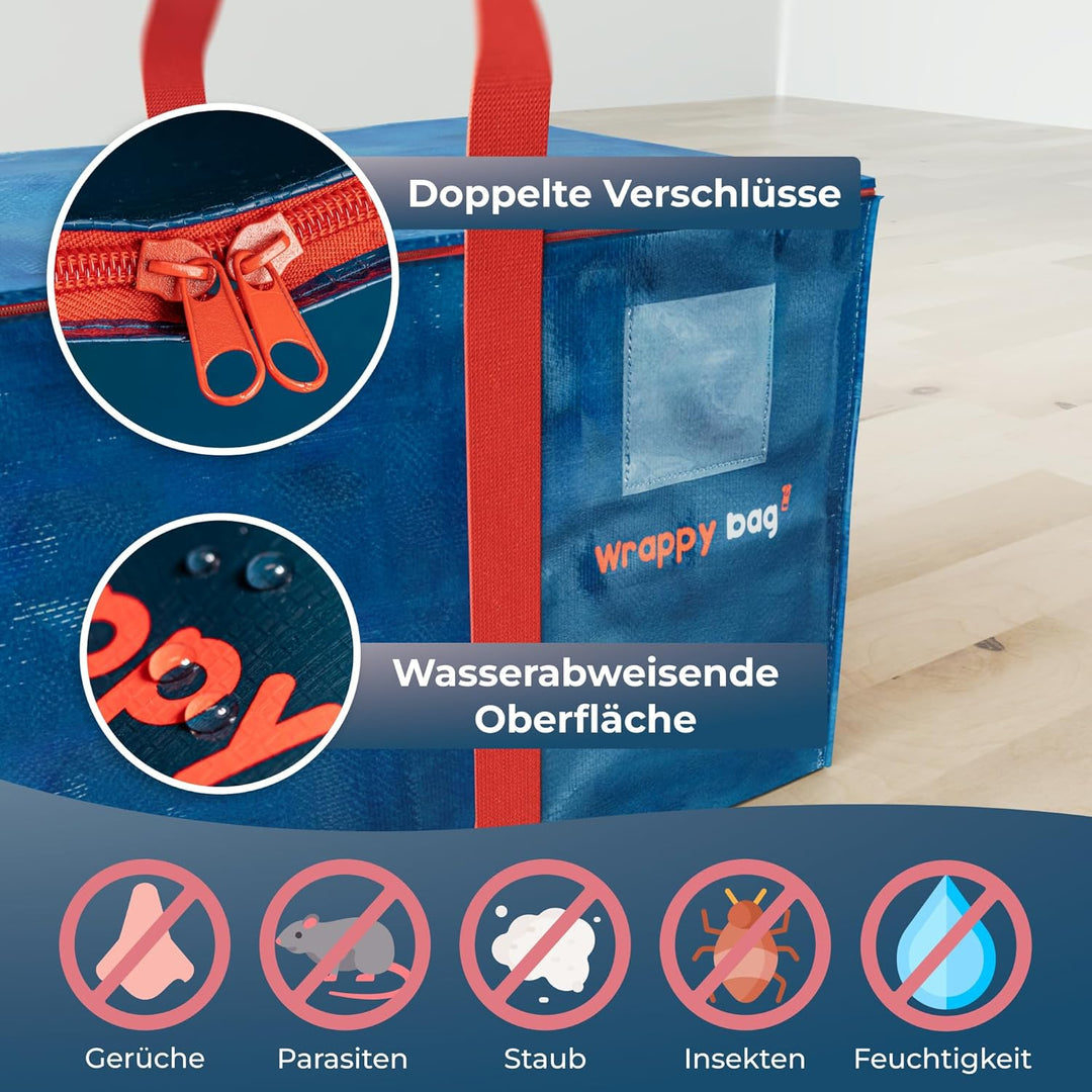WRAPPYBAG im 8er Pack Grosse Kunststoff-Aufbewahrungstaschen – XXL-Taschen für Umzug & Reise – Stabi
