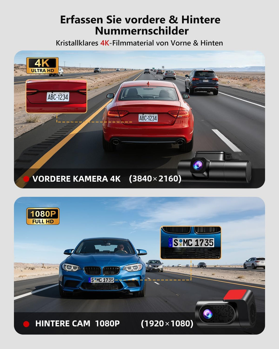 3-Kanal Dashcam Auto Vorne Hinten und Innen mit STARVIS 2 Nachtsicht und HDR, 4k Dashcam Auto APP-St