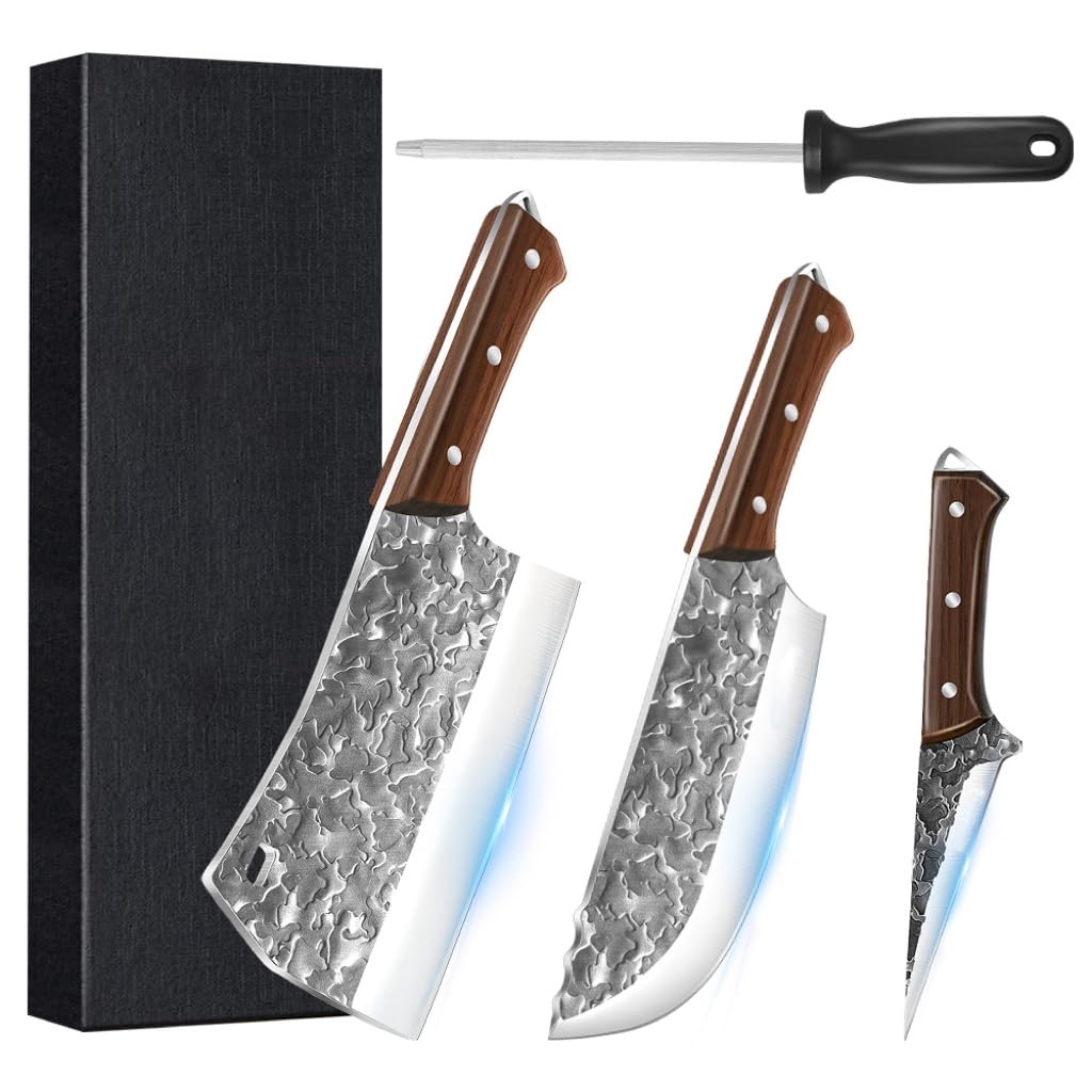 KEPEAK 4-Teilig Profi Metzgermesser Set mit Filetiermesser & Hackmesser & Ausbeinmesser und Schleifs