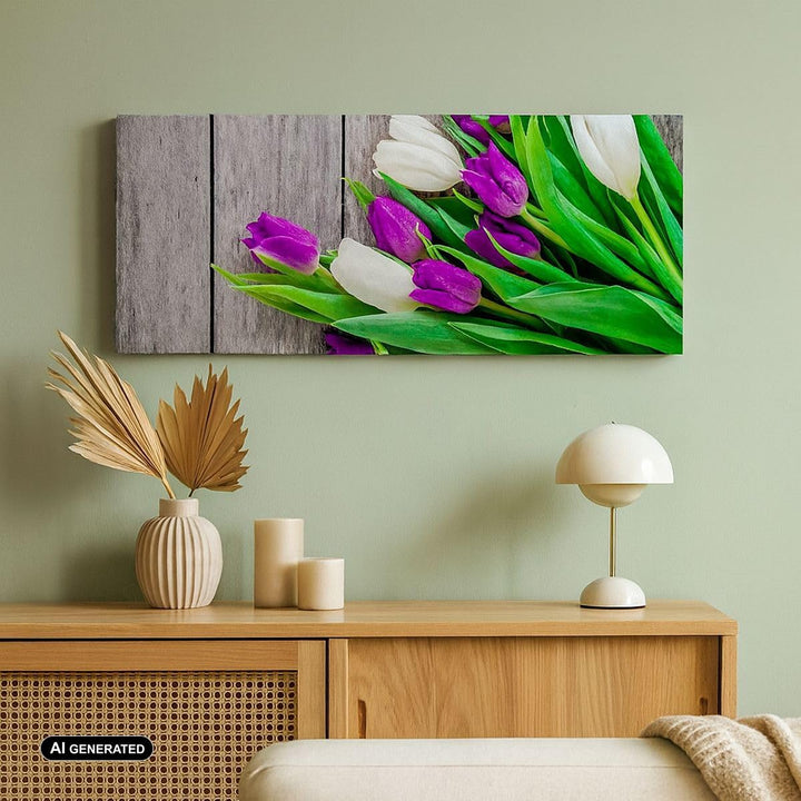Wandbilder Dekoration Wohnzimmer Tulpen Holz Blumenstrauss Blumen Panorama Bilder auf Leinwand 120x5