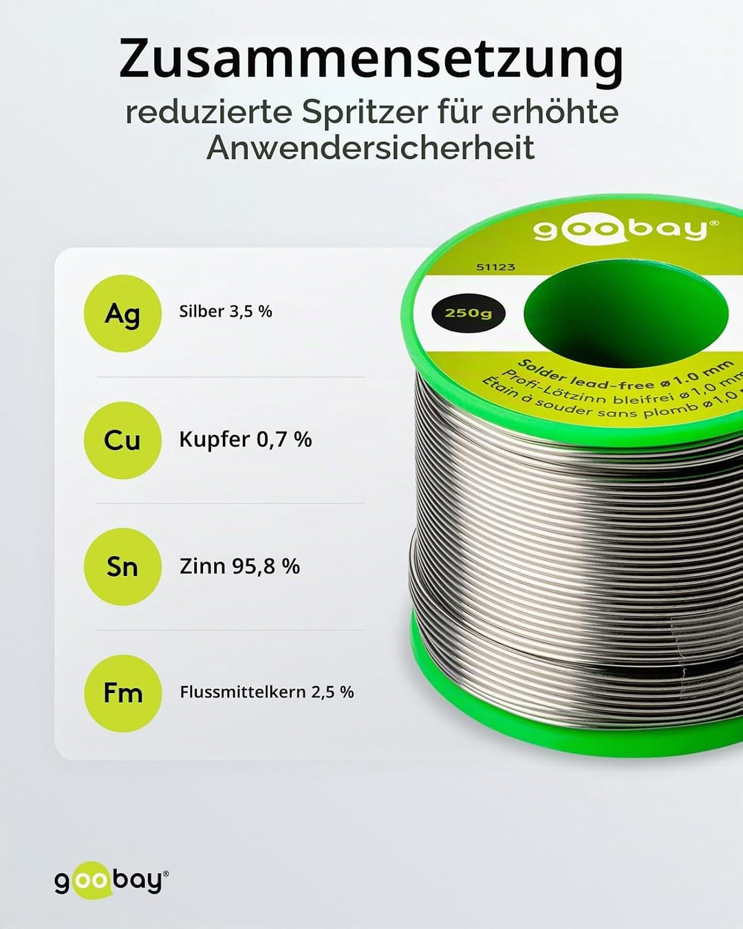 Goobay 51123 Lötzinn bleifrei ø 1mm Lötdraht mit Flussmittel, 3.5 % Silber &amp; 0.7 % Kupfer, 217 °C Sc