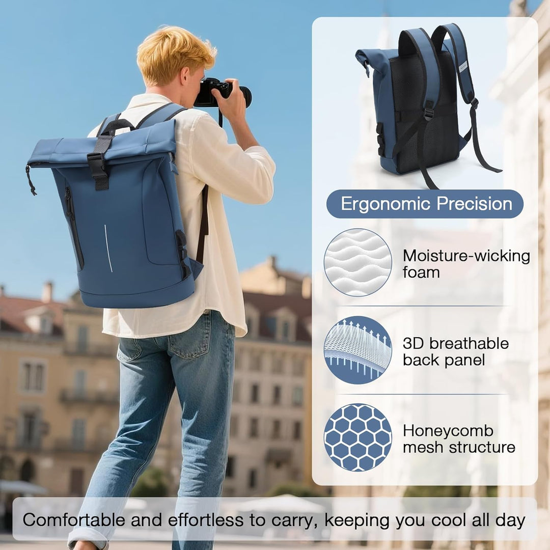 Rolltop Rucksack Herren Damen, Wasserdicht Laptop Schulrucksack mit 17 Zoll Laptopfach, Gross Reiser