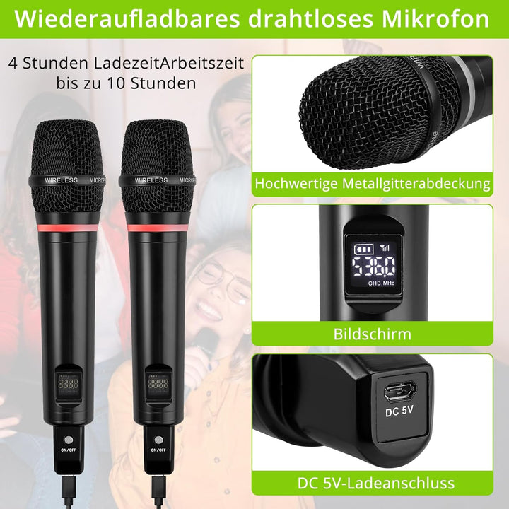LiNKFOR Drahtloses Mikrofon UHF-Wiederaufladbares Bluetooth 5.0 Dual Handheld Metall Mikrofonsystem