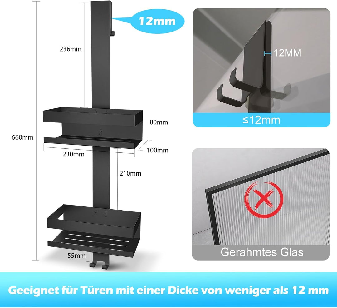 UUlioyer Duschablage zum Hängen, Duschregal aus Edelstahl SUS304 ohne Bohrer für Rahmenlos Glastür,