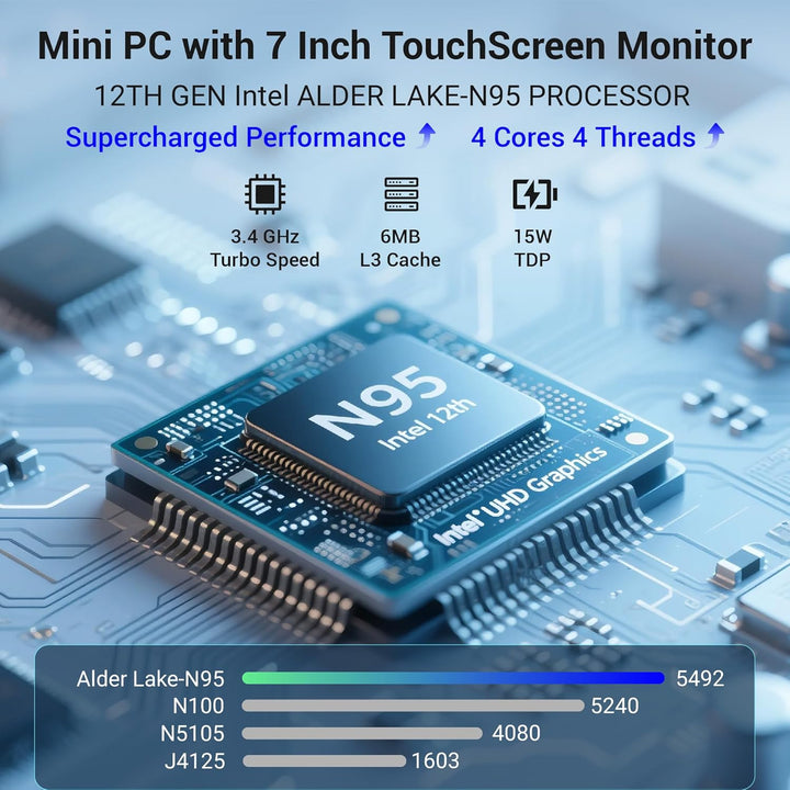 Mini PC Win 11 Pro, 12 Gen N100 (3,4 GHz), 7 Zoll Bildschirm 8GB RAM 128GB eMMC mit Akku, USB-C Mini