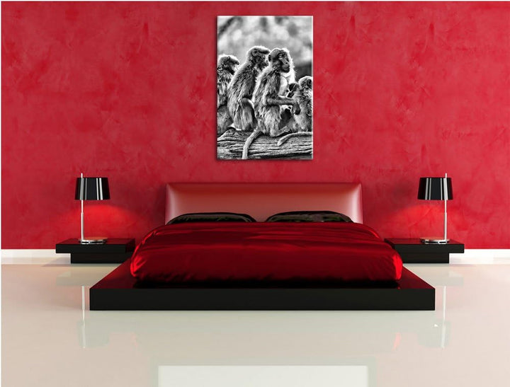 Pixxprint Monocrome, liebevolle Affenfamilie, Format: 100x70 auf Leinwand, riesige Bilder fertig ger