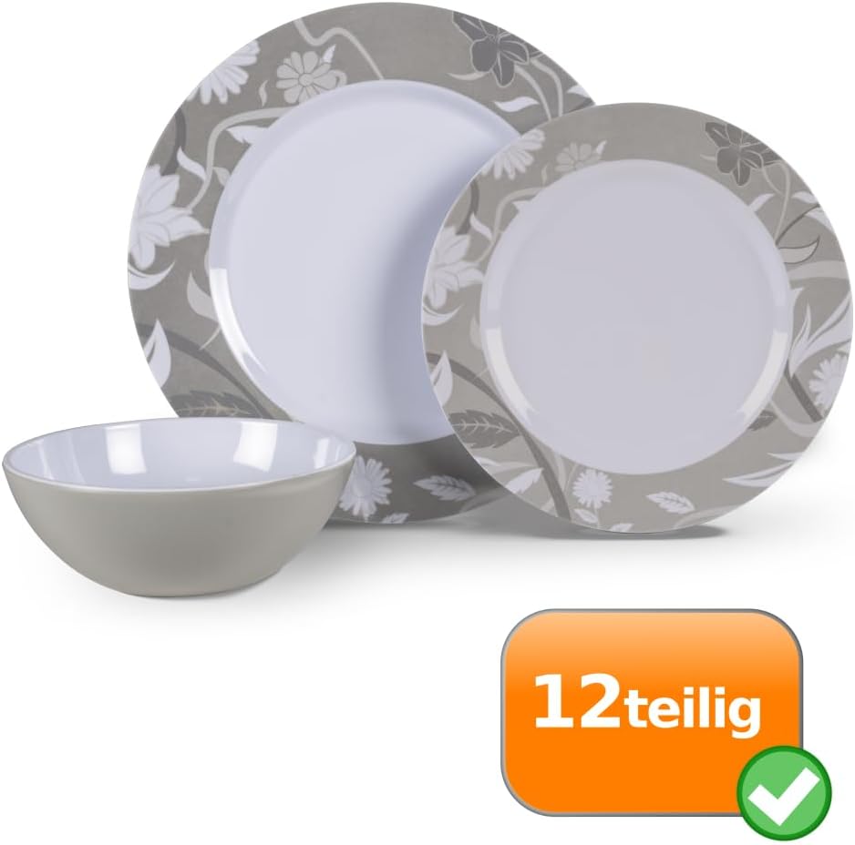 Geschirr Set 12teilig Melamin Camping Picknick Geschirr Blätter Pflanzen weiss...