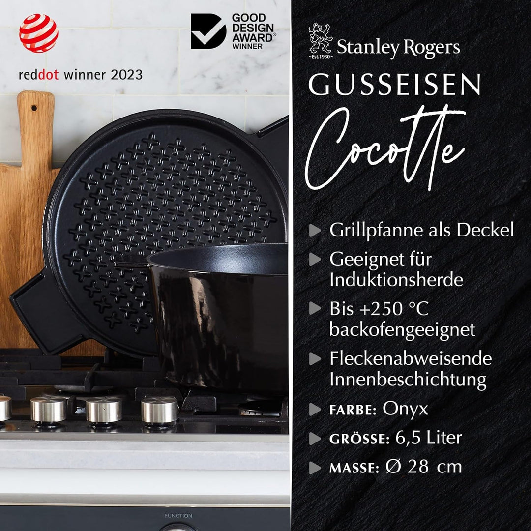 Stanley Rogers Cocotte runder Gusseisen Bräter emailliert 6,5l 28cm schwarz I Praktische Grillpfanne