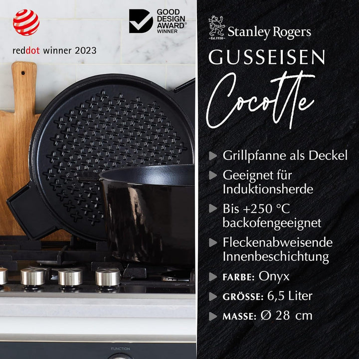 Stanley Rogers Cocotte runder Gusseisen Bräter emailliert 6,5l 28cm schwarz I Praktische Grillpfanne