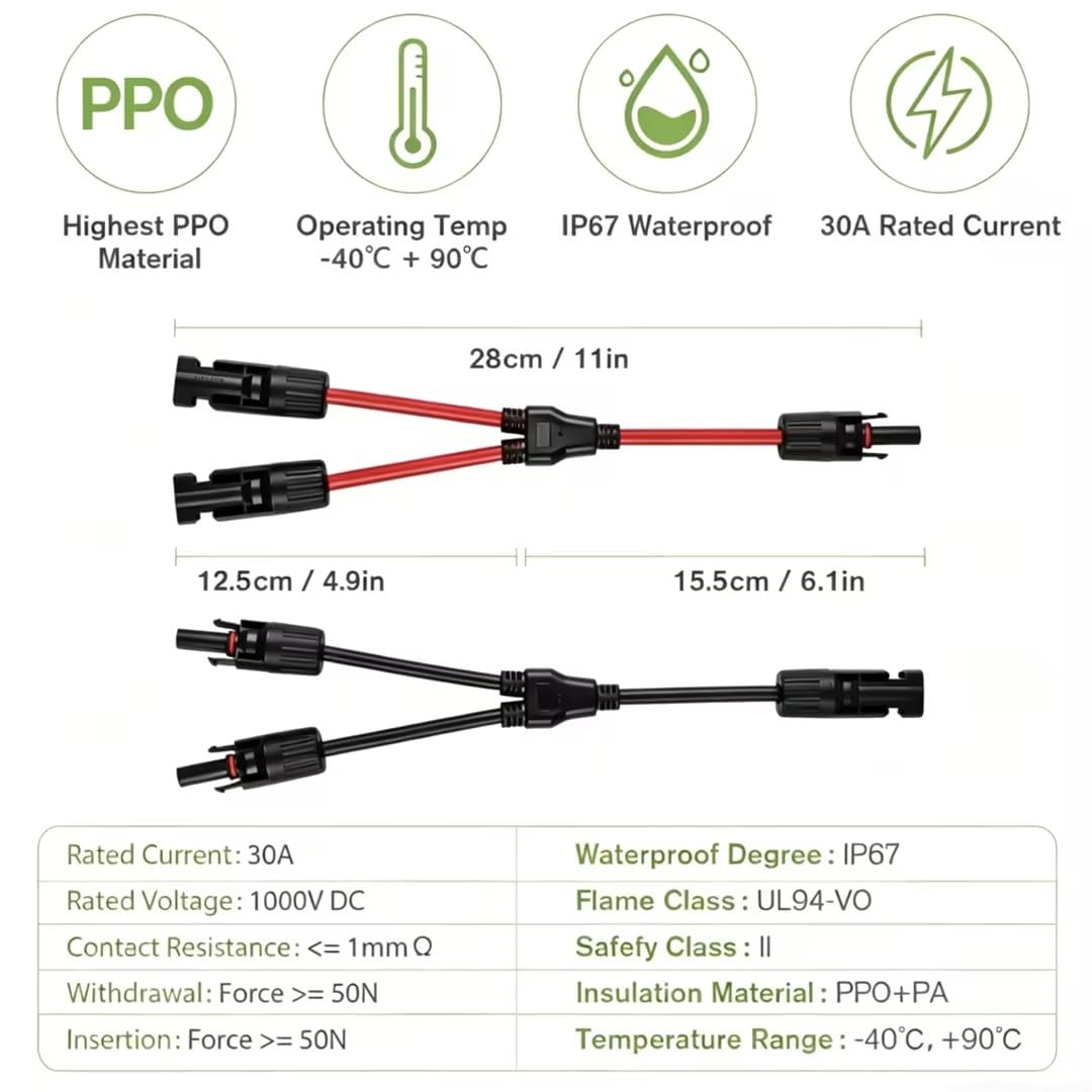 URAQT Solarkabel Y Verteiler, 1 Paar 4 mm² Solarkabel Y Solar Cable Wasserdicht Y Splitter 12AWG Plu