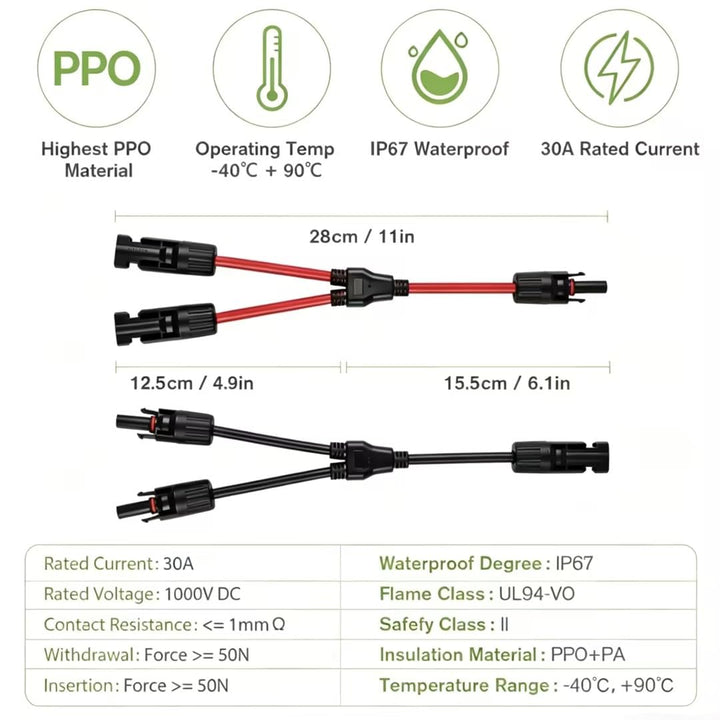URAQT Solarkabel Y Verteiler, 1 Paar 4 mm² Solarkabel Y Solar Cable Wasserdicht Y Splitter 12AWG Plu