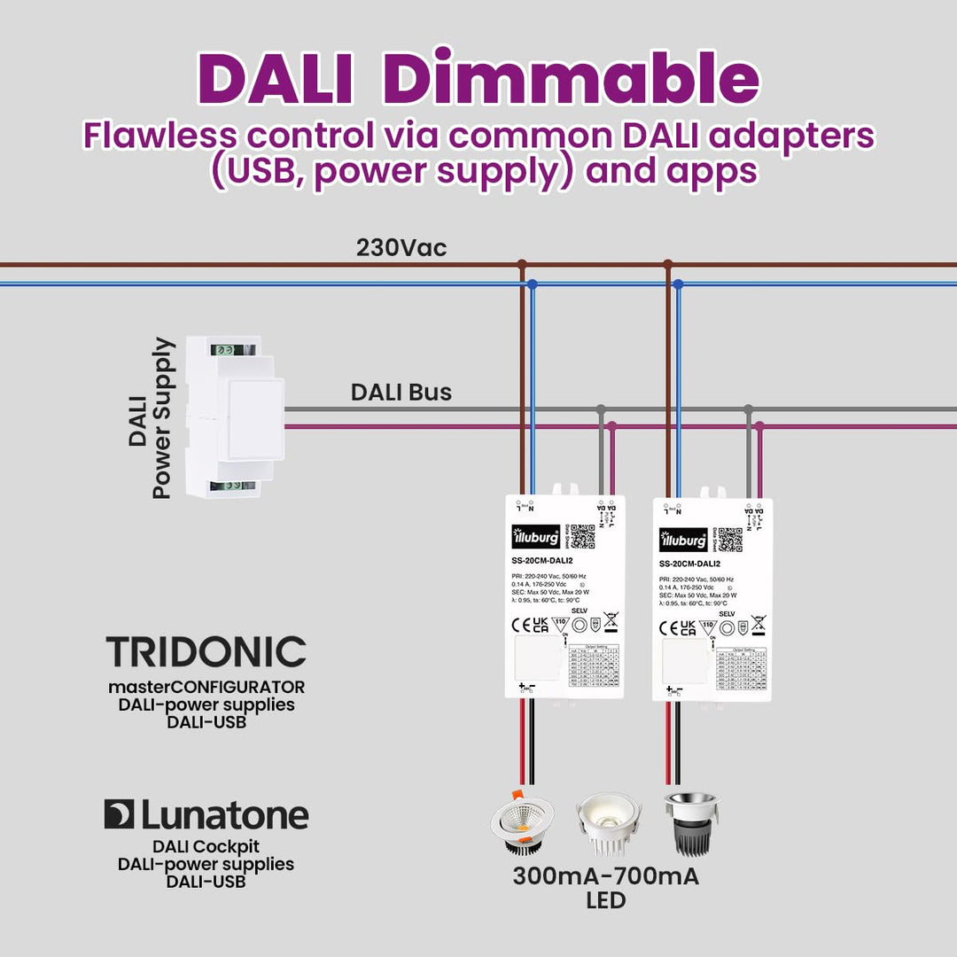 LED Trafo Dimmbar Dali Push 300mA - 700mA Ausgang Einstellbar 20W Flickerfree LED Netzteil Treiber D