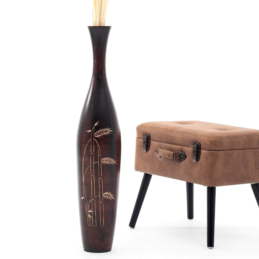 Leewadee Grosse Bodenvase für Dekozweige hohe Standvase Design Holzvase, Holz, 90 cm, Braun, 90 cm