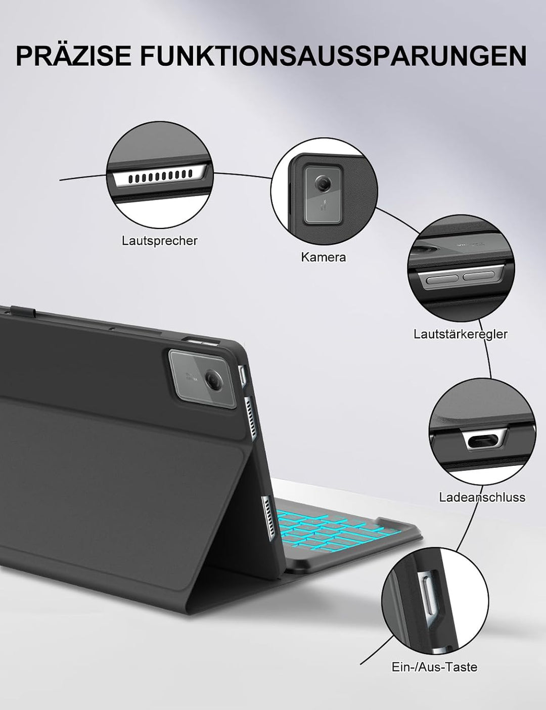 Für Idea Tab Plus 12.1" Tastaturhülle mit Beleuchtung QWERTZ Schwarz Idea Tab Plus 12,1" (2025) TB36