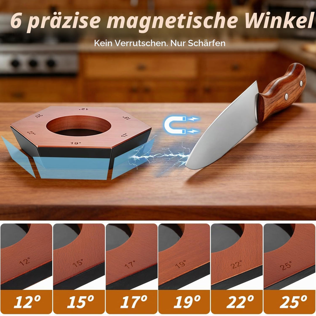 Rollschleifer Messerschärfer mit 6 Magnetwinkeln (12°/15°/17°/19°/22°/25°), 4 Diamant-Schärfklingen