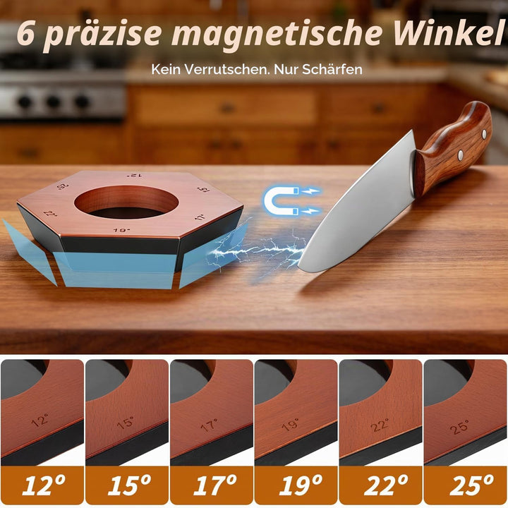 Rollschleifer Messerschärfer mit 6 Magnetwinkeln (12°/15°/17°/19°/22°/25°), 4 Diamant-Schärfklingen