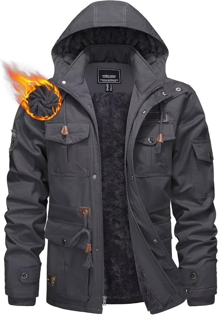 KEFITEVD Winterparka Herren Fleece Gefüttert Winterjacke mit Viele Taschen Kapuze Warm Winter Mantel