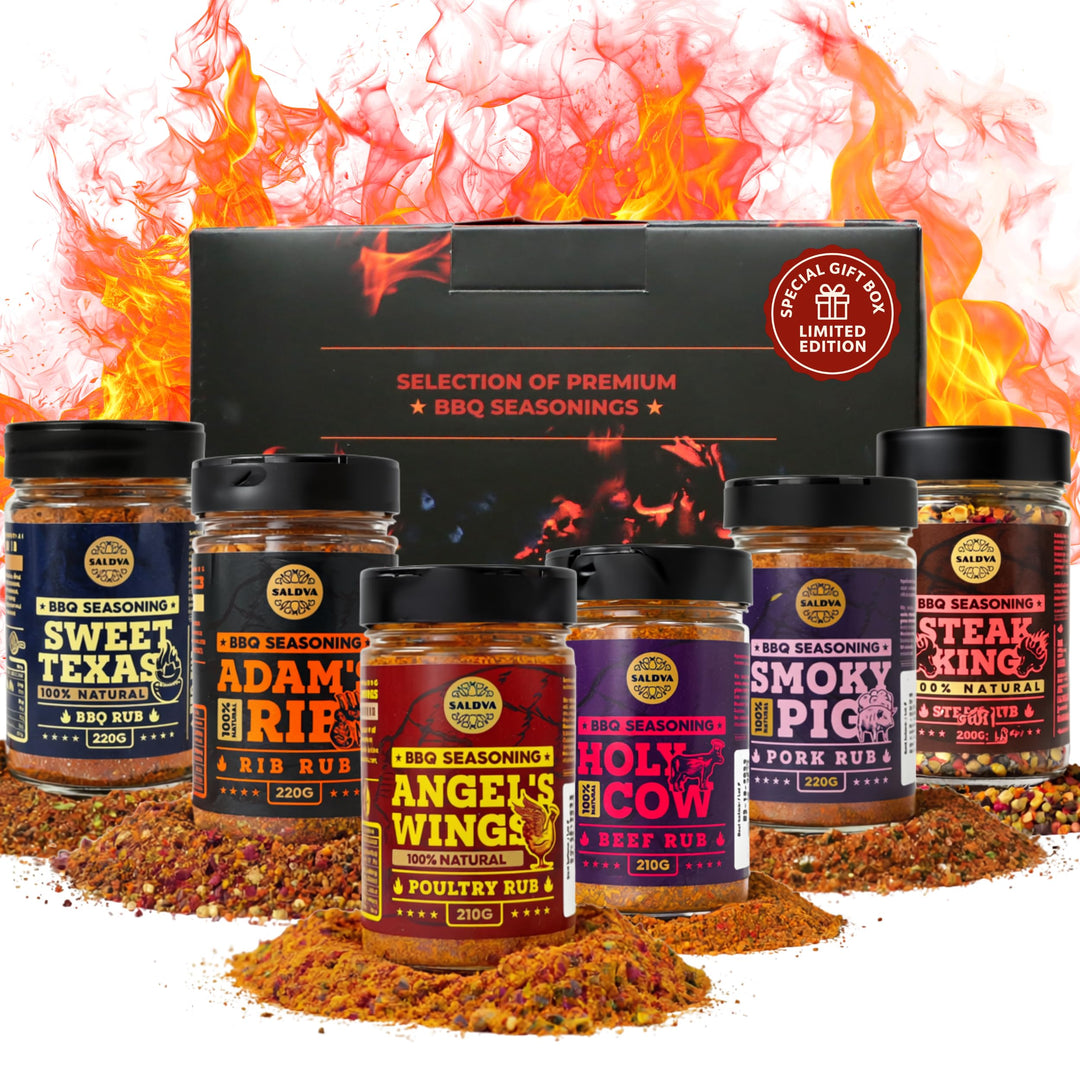 Meat Lovers BBQ Rub Geschenkset – Holy Cow, Angel’s Wings, Smoky Pig, Sweet Texas, Steak King & Adam