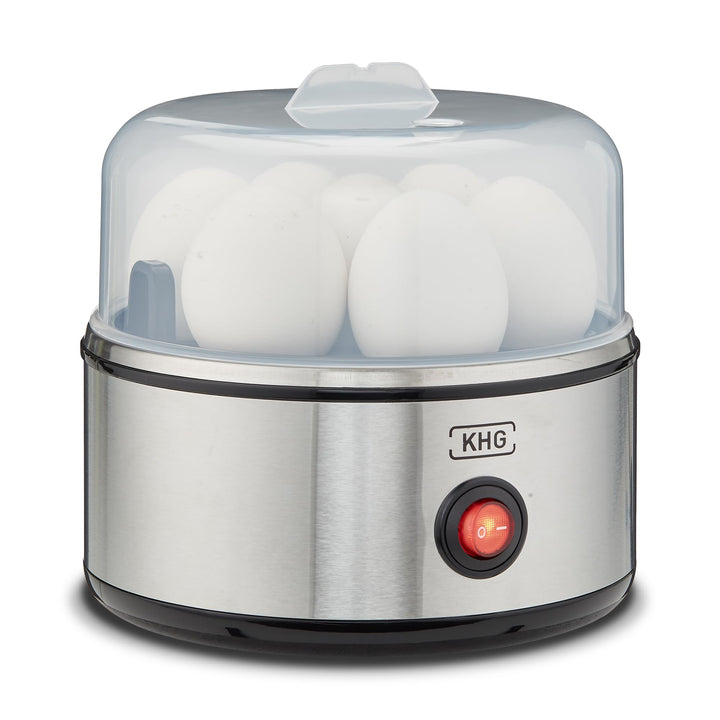 KHG Eierkocher Edelstahl Modern | 1 Ei - 7 Eier | Messbecher mit Eipick | 380 Watt Edelstahlheizplat