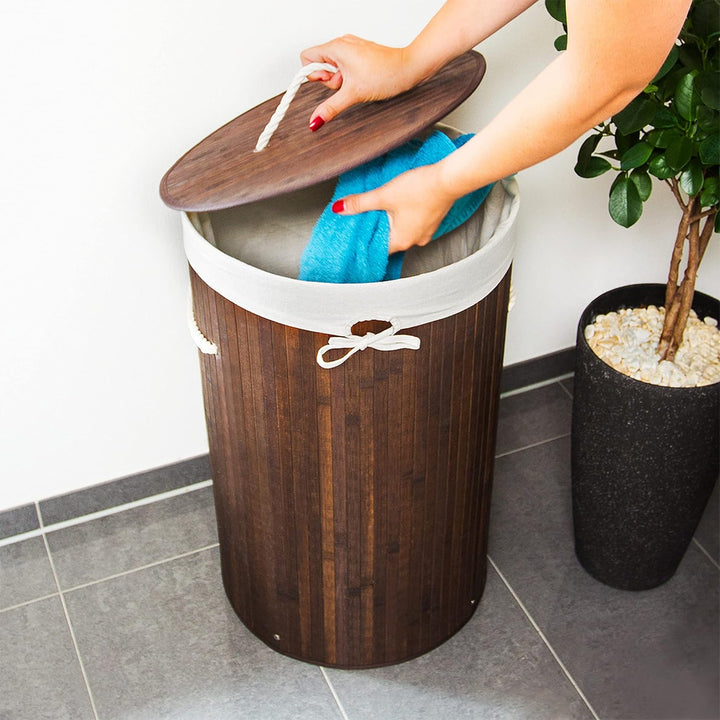 Relaxdays 1 x Wäschekorb Bambus, Faltbare Wäschetonne mit Deckel, Volumen 70 Liter, Wäschesack Baumw