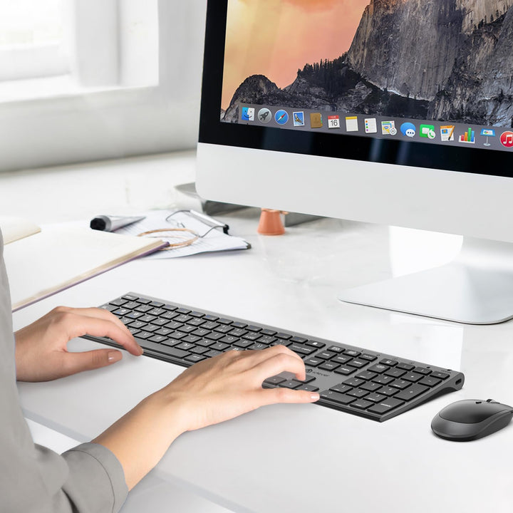 iClever 2.4G kabellose Tastatur und Maus Set, USB-C wiederaufladbar, Originalgrösse, schlanke, dünne